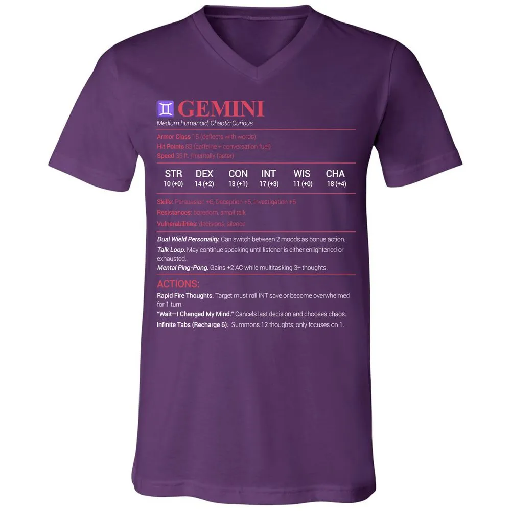 Gemini Stats Unisex V-Neck T-Shirt - Team Purple - 9
