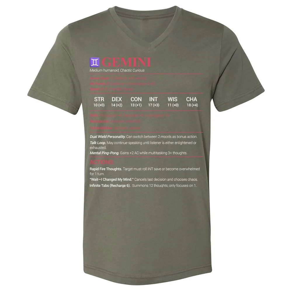 Gemini Stats Unisex V-Neck T-Shirt - Military Green - 10
