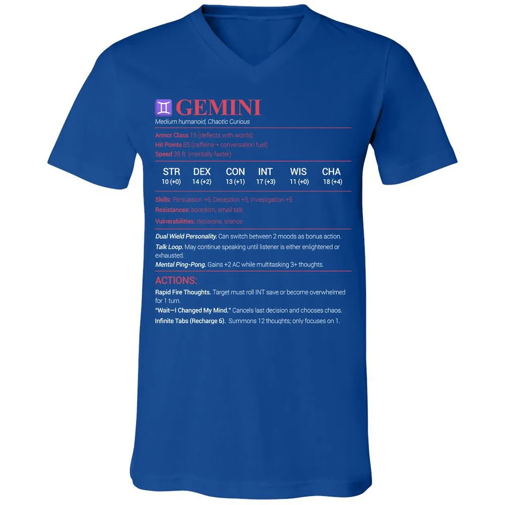 Gemini Stats Unisex V-Neck T-Shirt - True Royal - 4