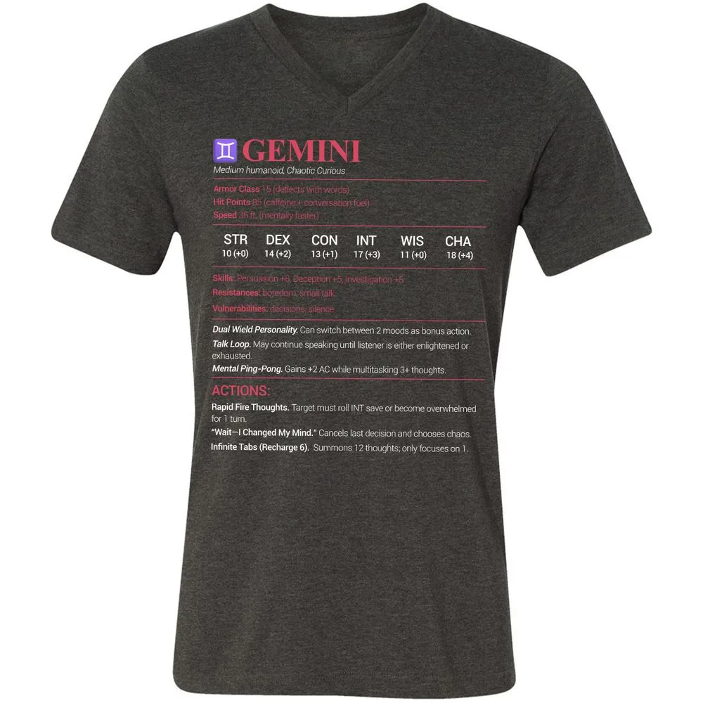 Gemini Stats Unisex V-Neck T-Shirt - Dark Grey Heather - 8