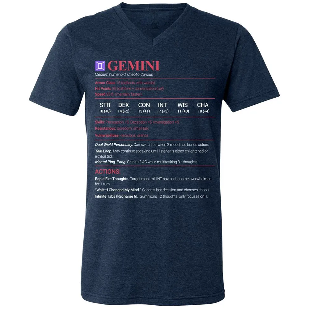 Gemini Stats Unisex V-Neck T-Shirt - Heather Navy - 15