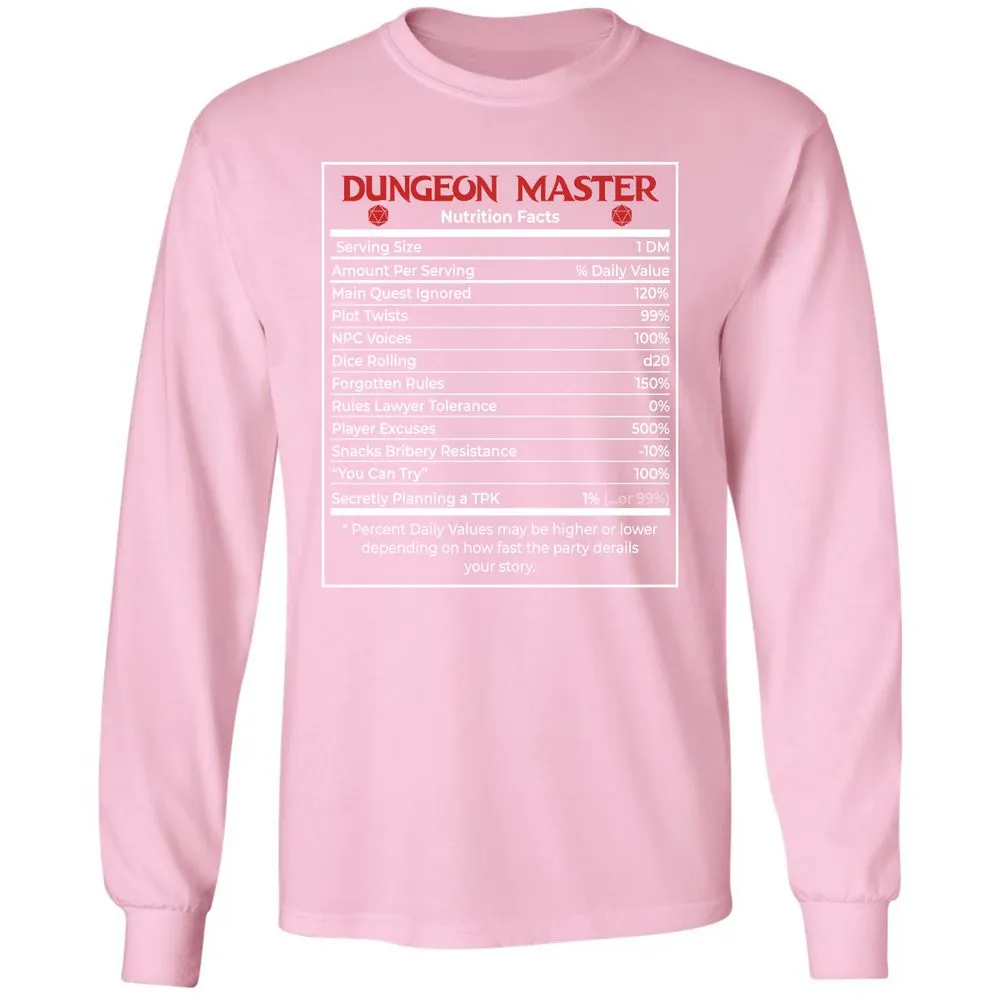 Dungeon Master Nutrition Facts Long Sleeve T-Shirt - Light Pink - 3