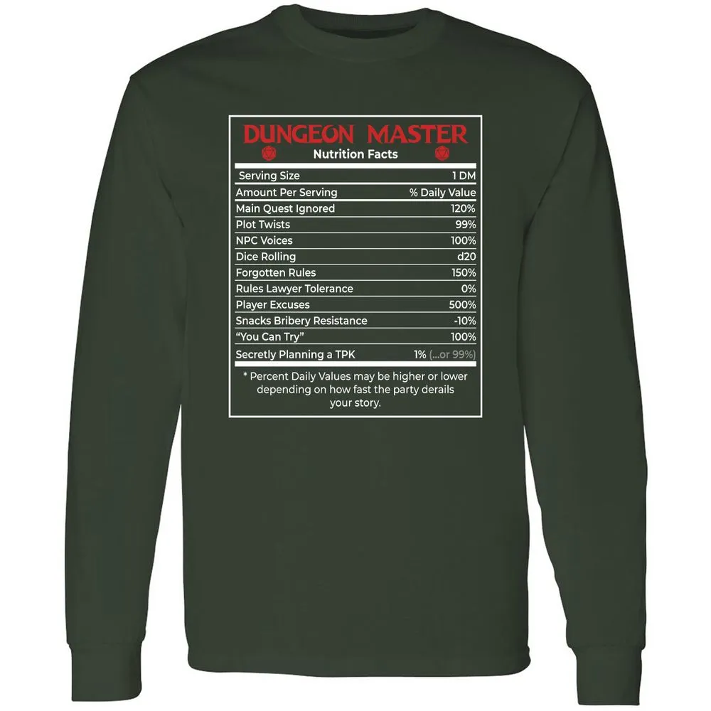 Dungeon Master Nutrition Facts Long Sleeve T-Shirt - Forest Green - 4