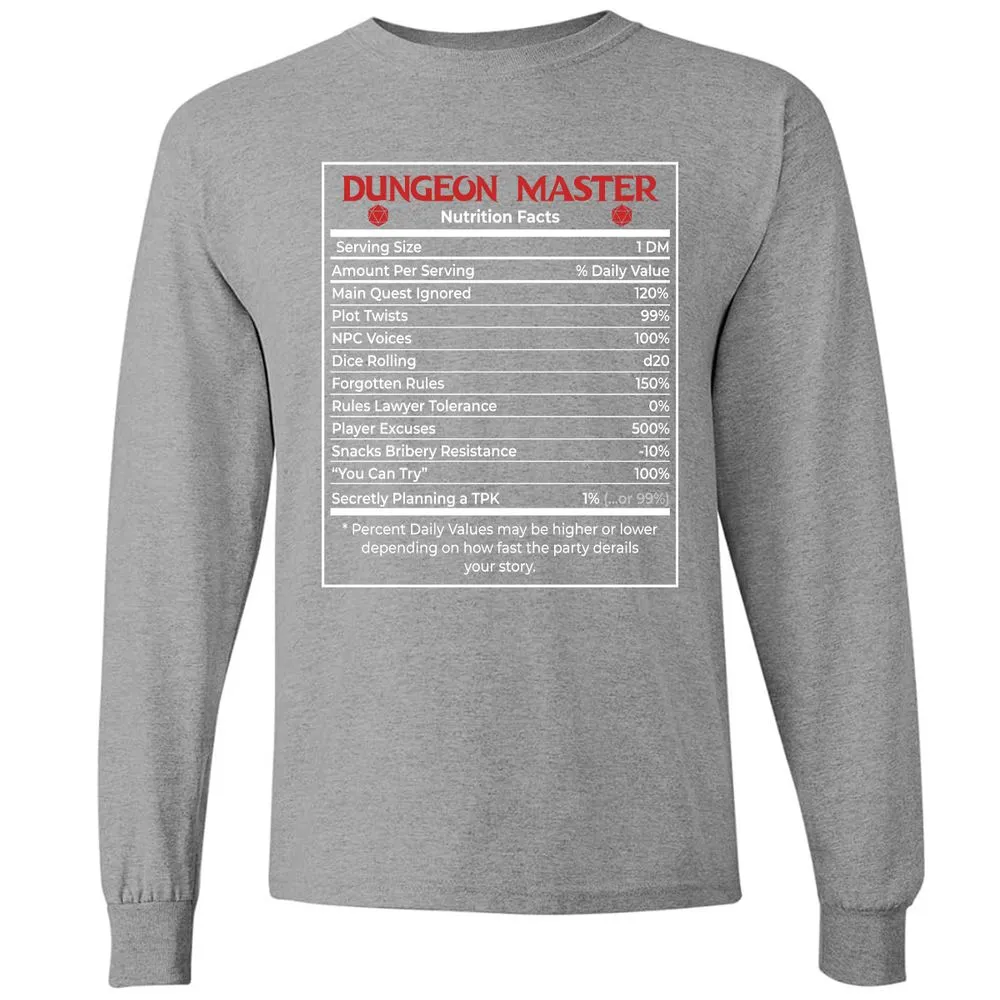 Dungeon Master Nutrition Facts Long Sleeve T-Shirt - Graphite Heather - 6