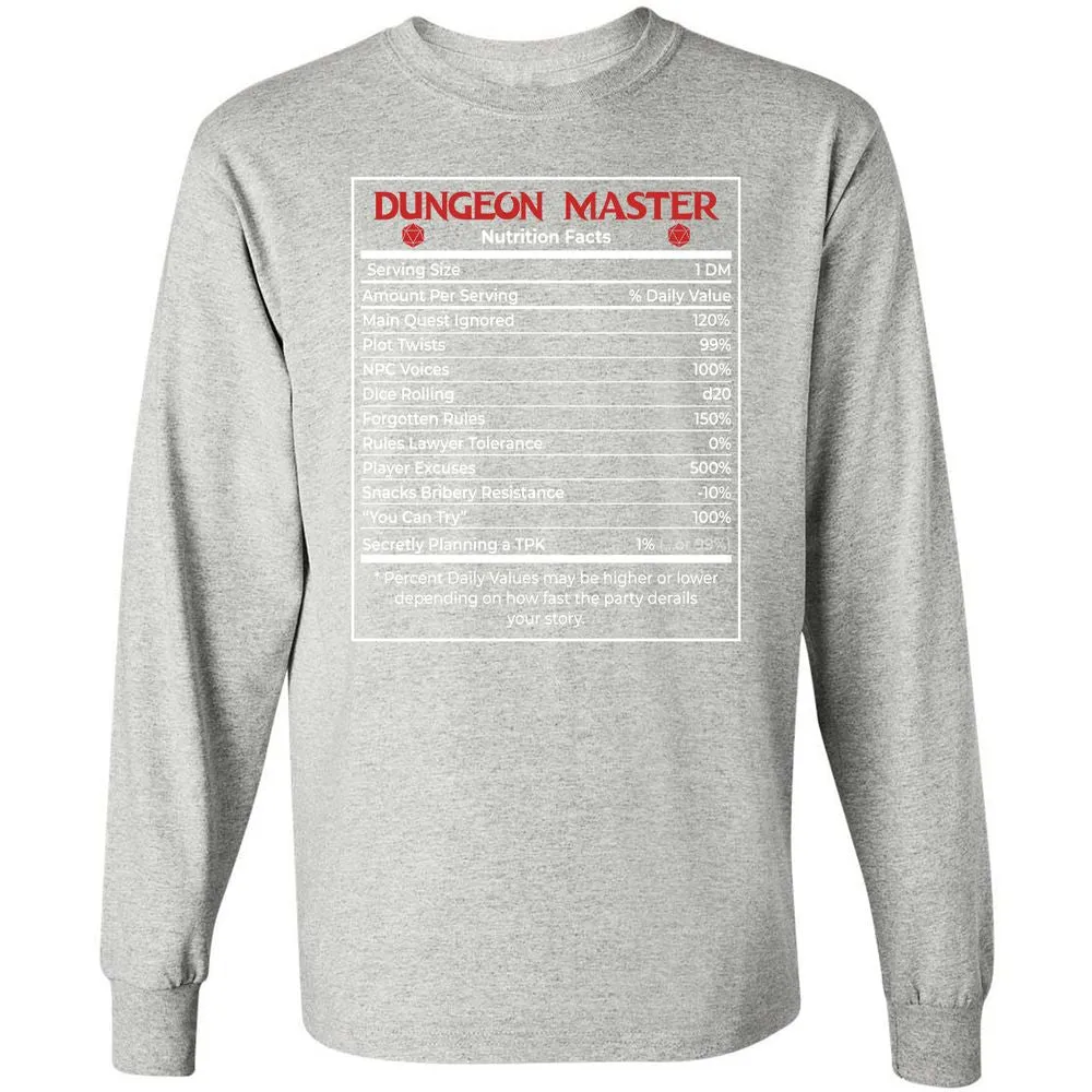 Dungeon Master Nutrition Facts Long Sleeve T-Shirt - Ash - 7