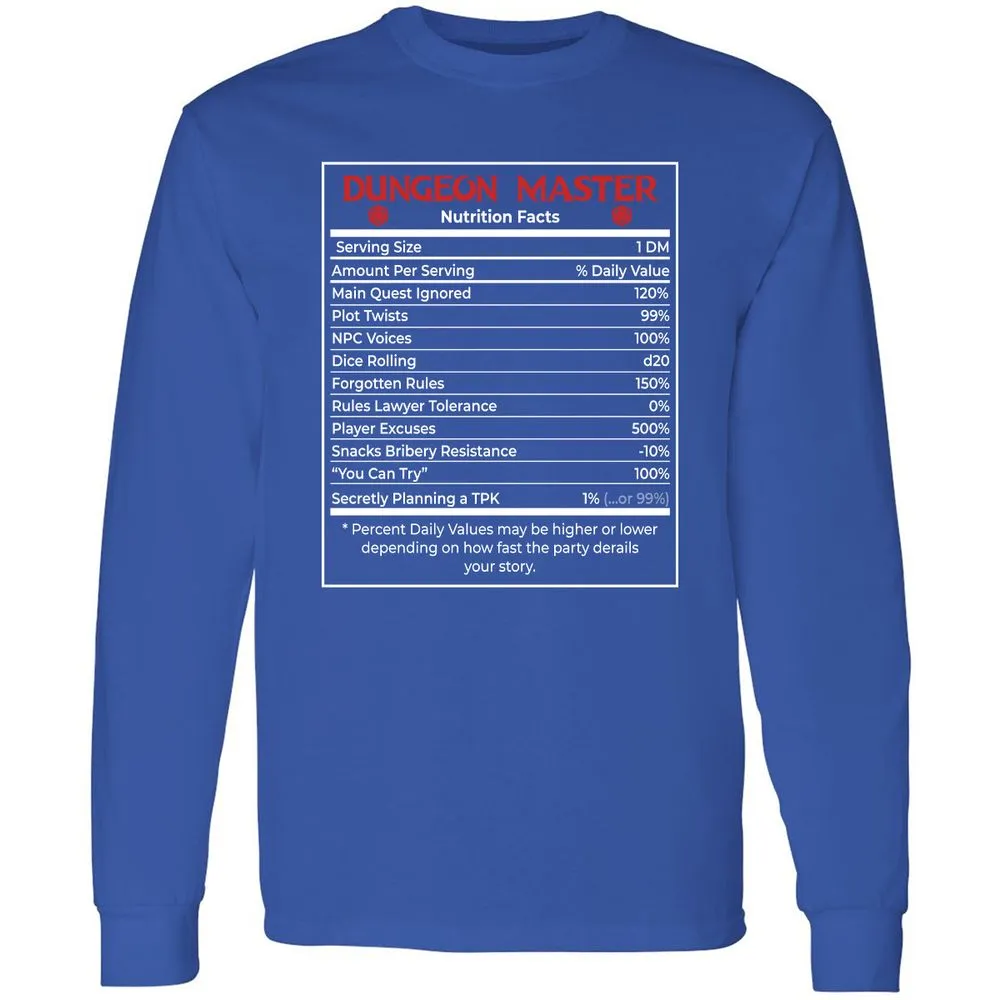 Dungeon Master Nutrition Facts Long Sleeve T-Shirt - Royal - 8
