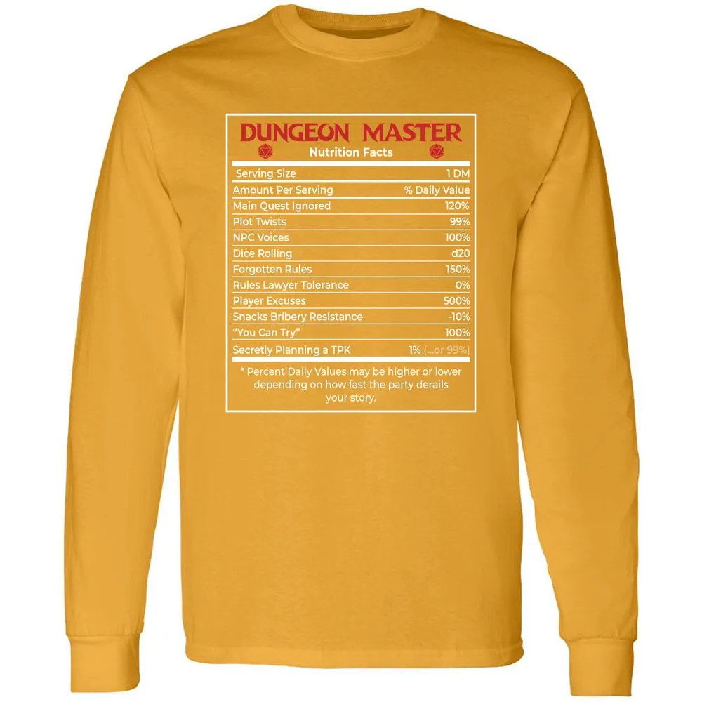 Dungeon Master Nutrition Facts Long Sleeve T-Shirt - Gold - 9