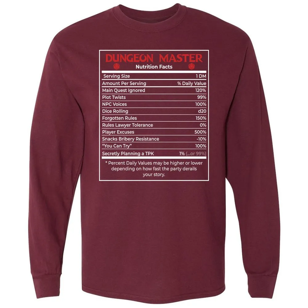 Dungeon Master Nutrition Facts Long Sleeve T-Shirt - Maroon - 11