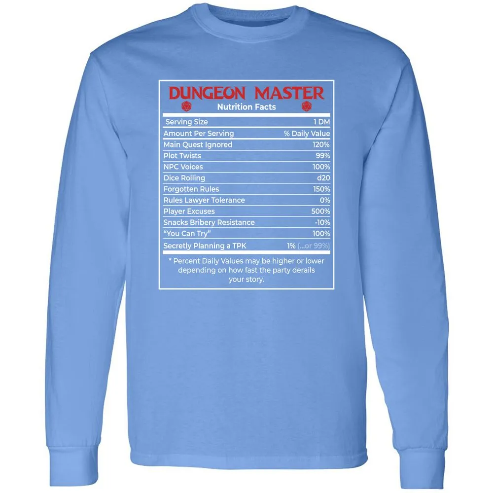 Dungeon Master Nutrition Facts Long Sleeve T-Shirt - Carolina Blue - 12