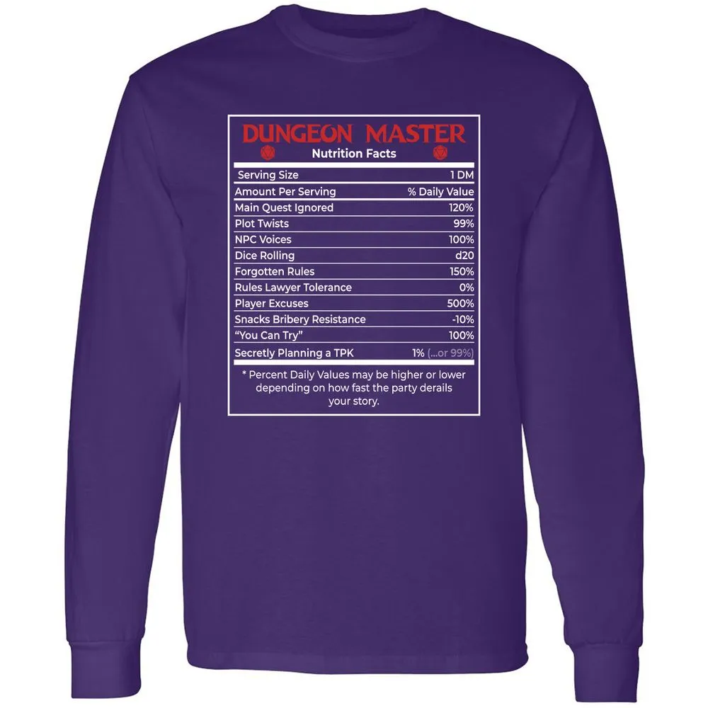 Dungeon Master Nutrition Facts Long Sleeve T-Shirt - Purple - 13