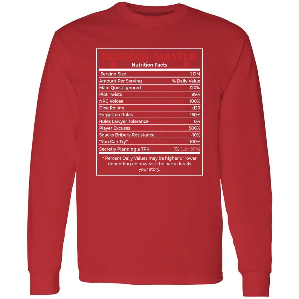 Dungeon Master Nutrition Facts Long Sleeve T-Shirt - Red - 14