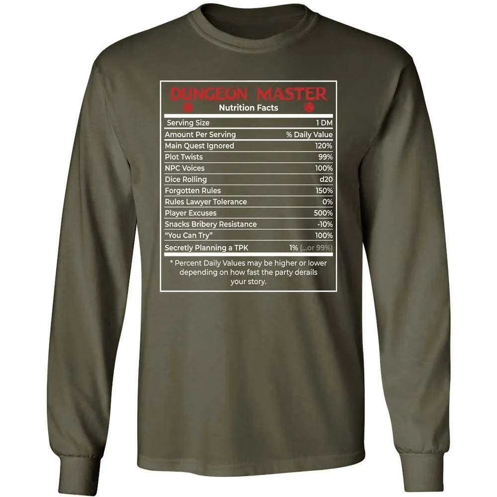 Dungeon Master Nutrition Facts Long Sleeve T-Shirt - Military Green - 16