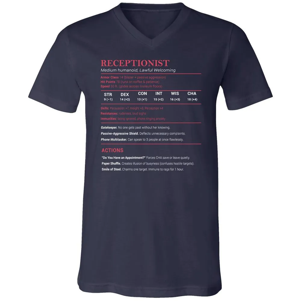 Receptionist Stats Unisex V-Neck T-Shirt - Navy - 2