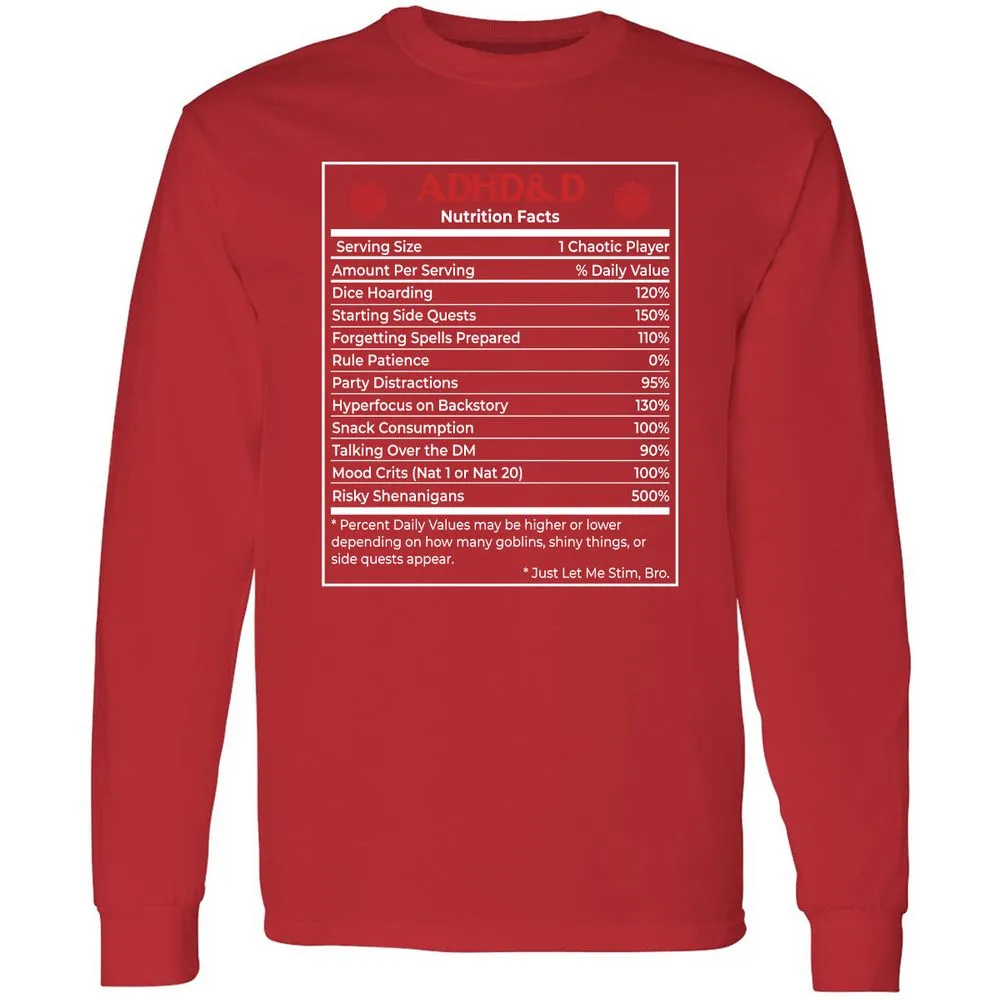 ADHD&D Nutrition Facts Long Sleeve T-Shirt - Red - 14