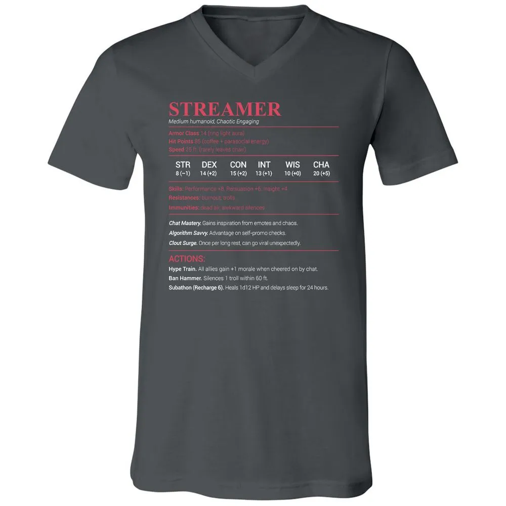 Streamer Stats Unisex V-Neck T-Shirt - Asphalt - 12