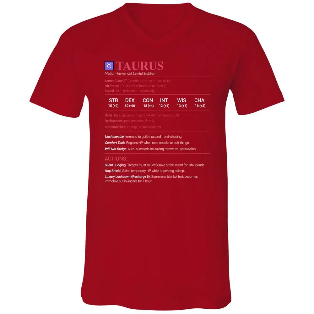 Taurus Stats Unisex V-Neck T-Shirt - Red - 3
