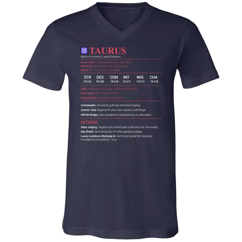 Taurus Stats Unisex V-Neck T-Shirt - Navy - 2