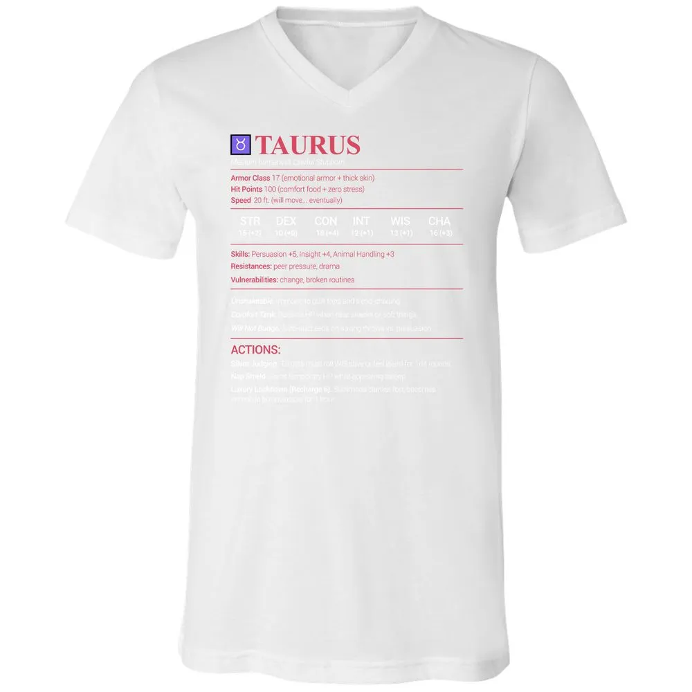 Taurus Stats Unisex V-Neck T-Shirt - White - 5