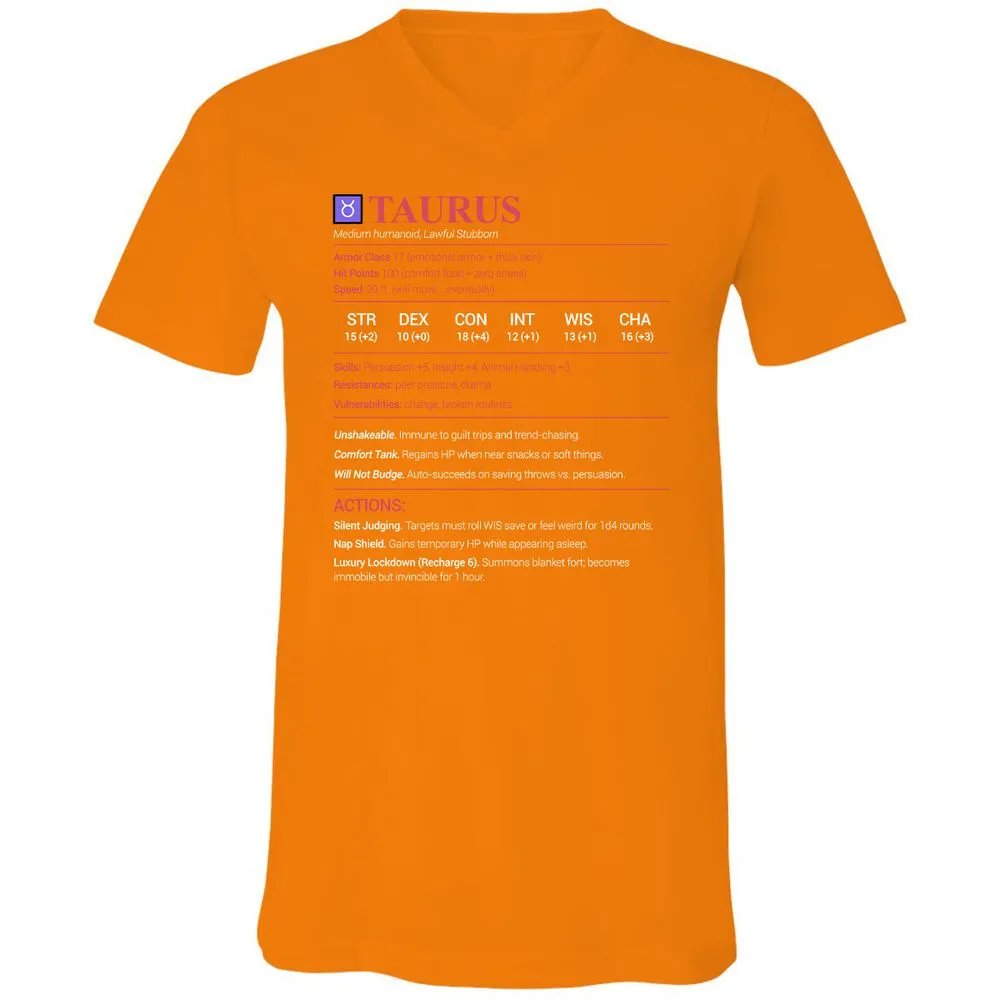 Taurus Stats Unisex V-Neck T-Shirt - Orange - 11