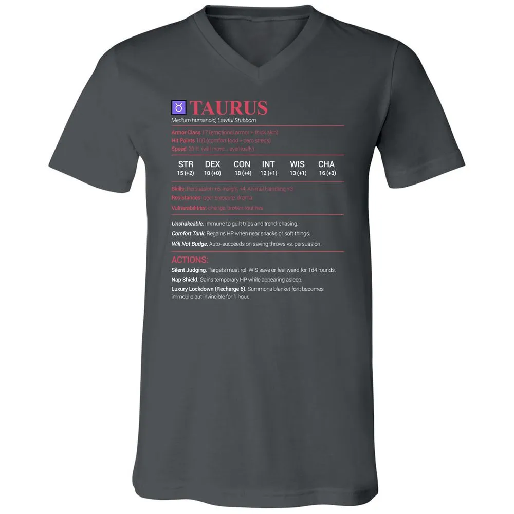 Taurus Stats Unisex V-Neck T-Shirt - Asphalt - 12