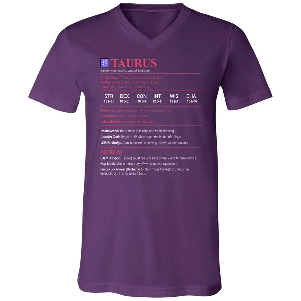 Taurus Stats Unisex V-Neck T-Shirt - Team Purple - 9