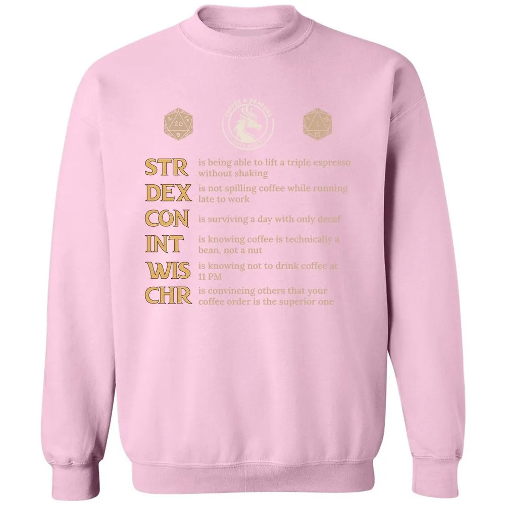 Coffee & Dragons RPG Stats Classic Unisex Sweatshirt - Light Pink - 3