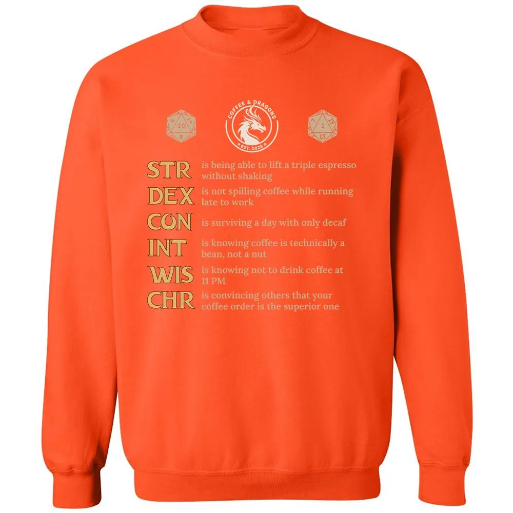 Coffee & Dragons RPG Stats Classic Unisex Sweatshirt - Orange - 10