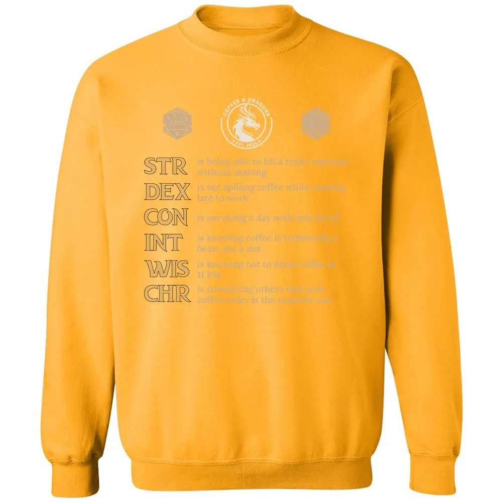 Coffee & Dragons RPG Stats Classic Unisex Sweatshirt - Gold - 11