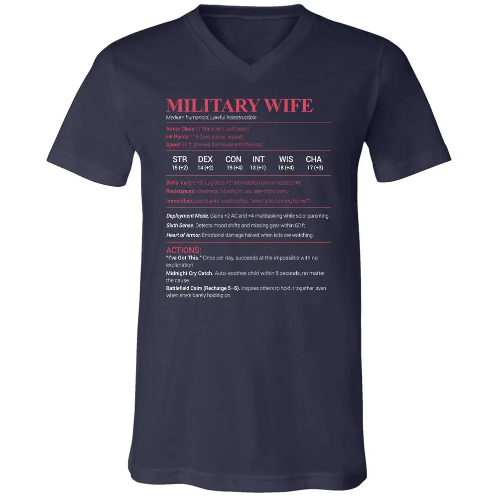 Military Wife Stats Unisex V-Neck T-Shirt - Navy - 2