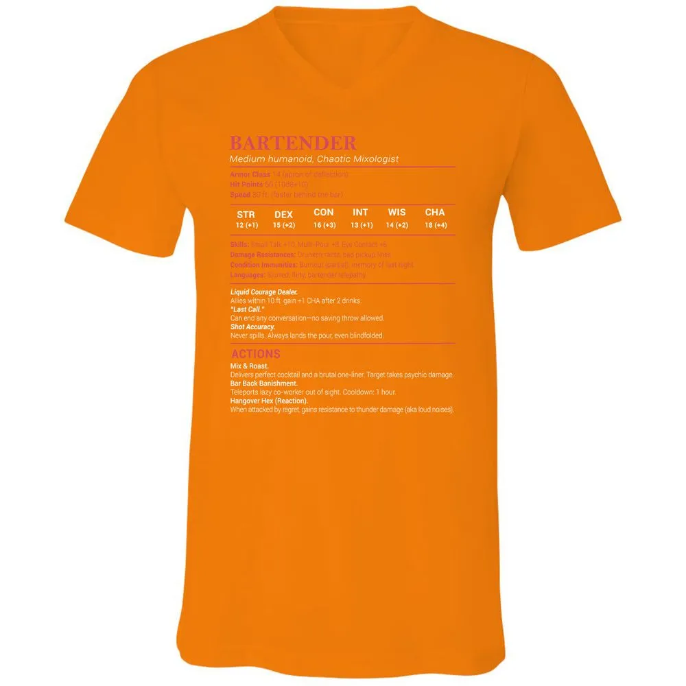 Bartender Stats Unisex V-Neck T-Shirt - Orange - 11