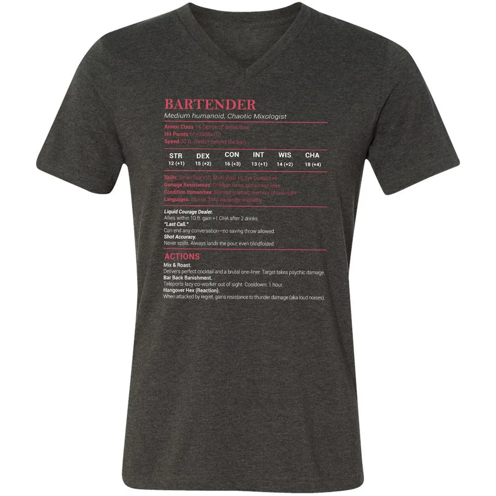 Bartender Stats Unisex V-Neck T-Shirt - Dark Grey Heather - 8