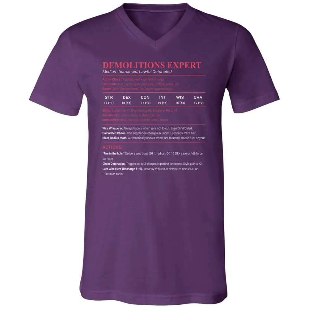 DEMOLITIONS EXPERT Unisex V-Neck T-Shirt - Team Purple - 9