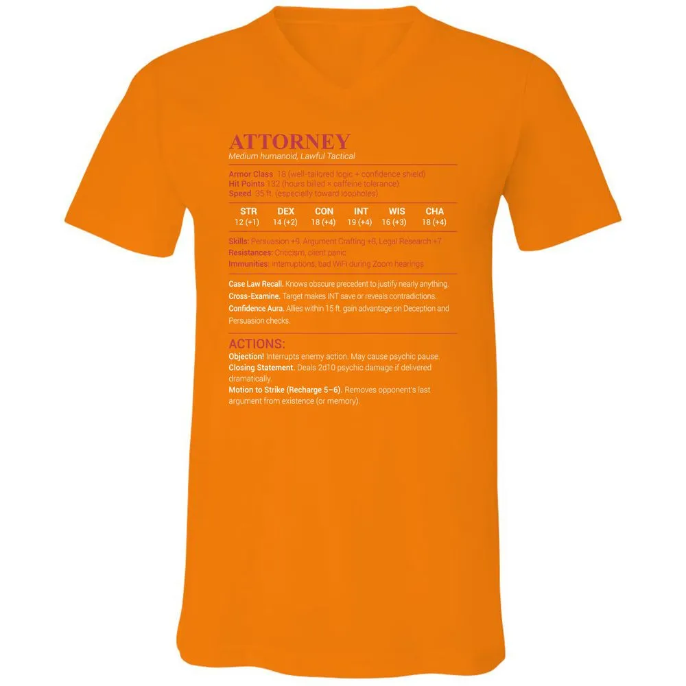 Attorney Stats Unisex V-Neck T-Shirt - Orange - 11