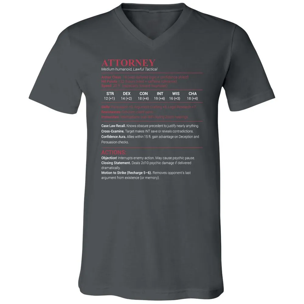 Attorney Stats Unisex V-Neck T-Shirt - Asphalt - 12