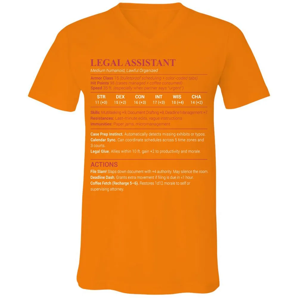 Legal Assistant Unisex V-Neck T-Shirt - Orange - 11