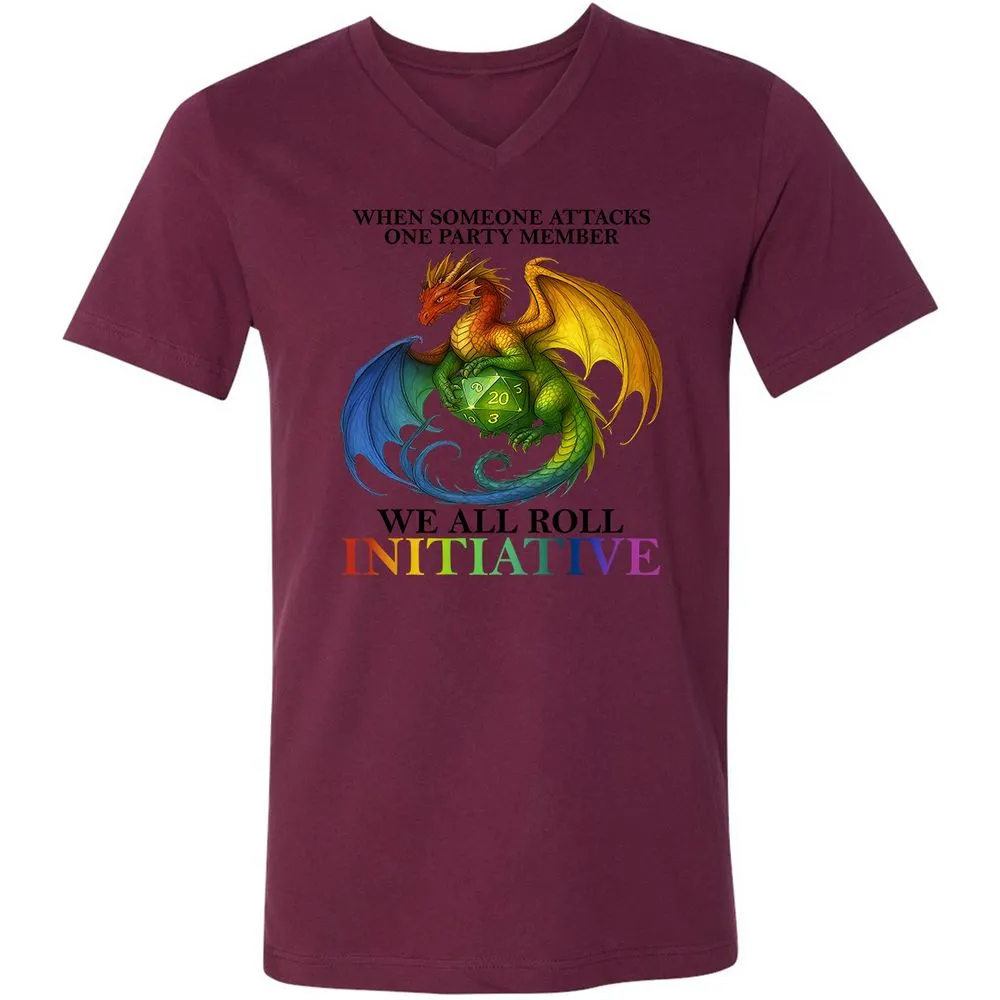 Dragon We All Roll For Initiative Unisex V-Neck T-Shirt - Maroon - 6