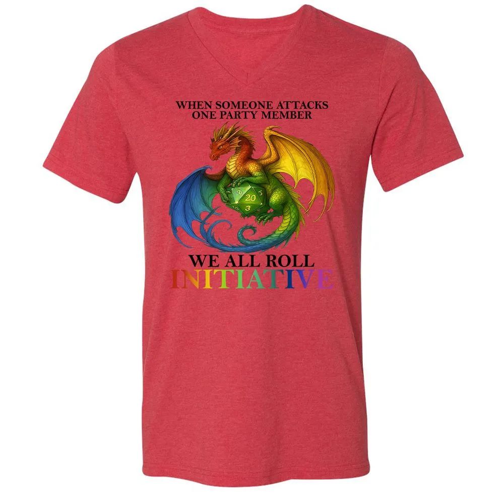 Dragon We All Roll For Initiative Unisex V-Neck T-Shirt - Heather Red - 16