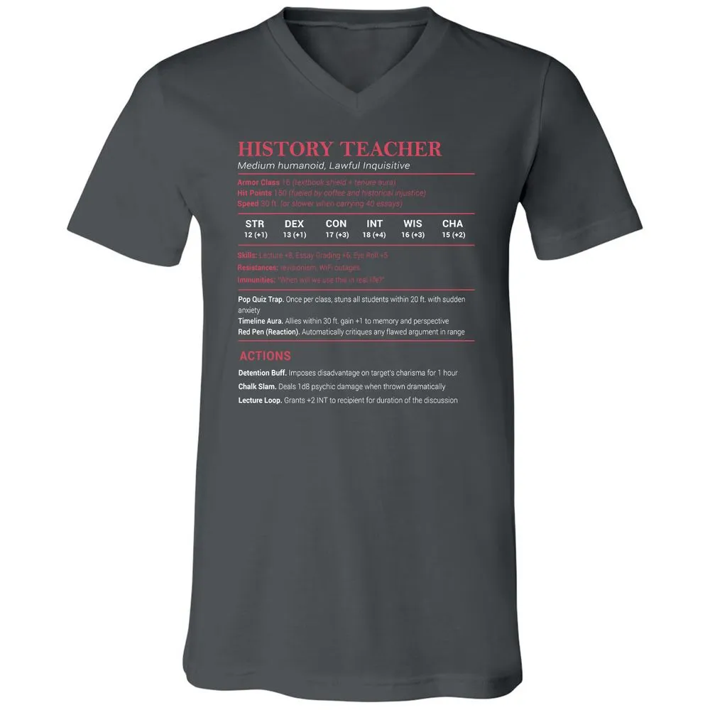History Teacher Unisex V-Neck T-Shirt - Asphalt - 12