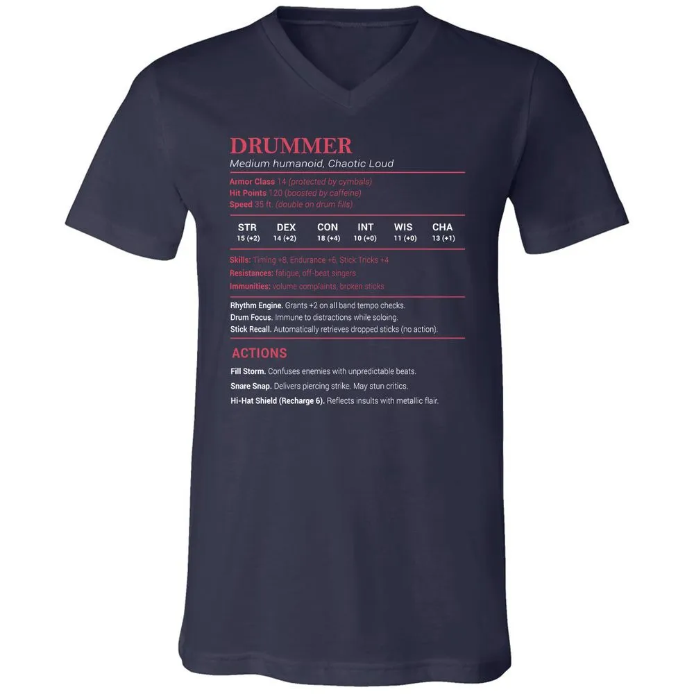 Drummer Stats Unisex V-Neck T-Shirt - Navy - 2