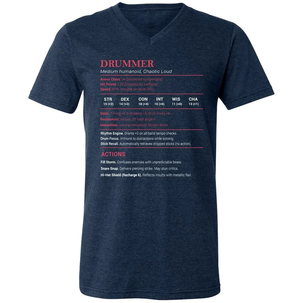 Drummer Stats Unisex V-Neck T-Shirt - Heather Navy - 15