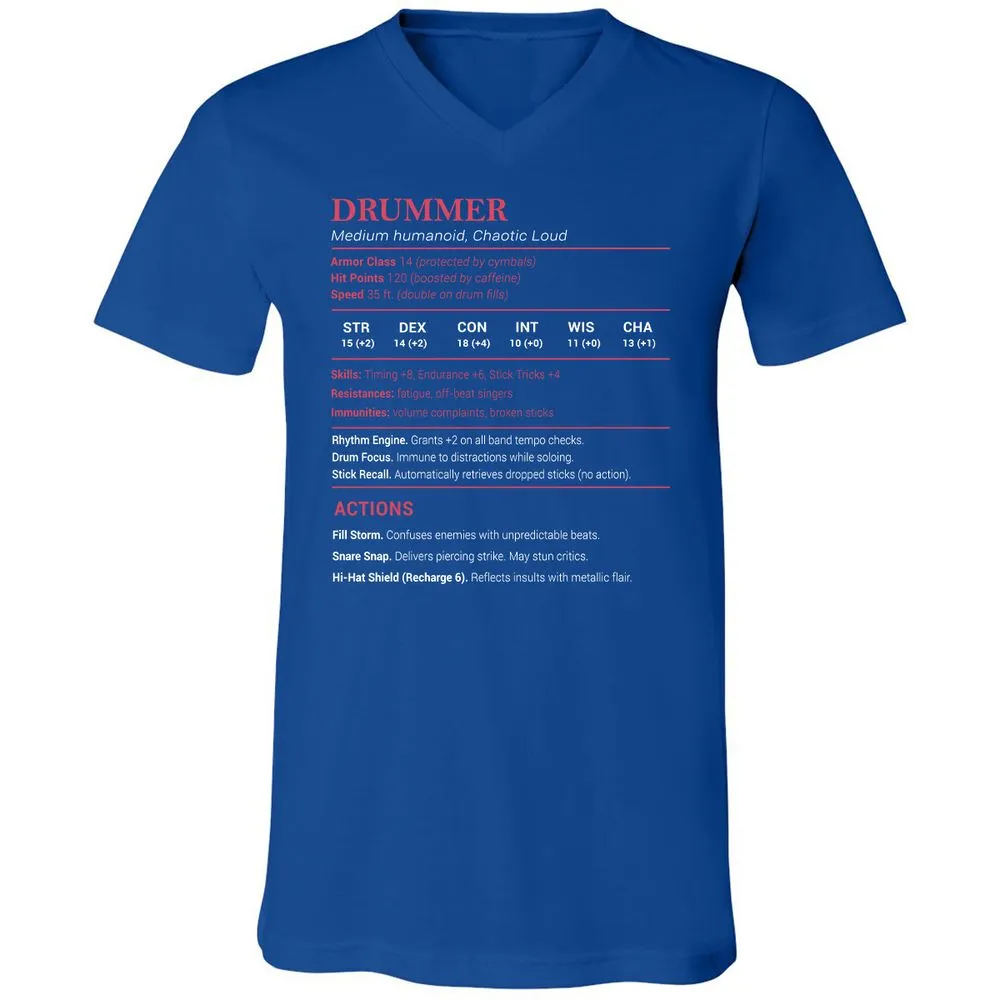 Drummer Stats Unisex V-Neck T-Shirt - True Royal - 4