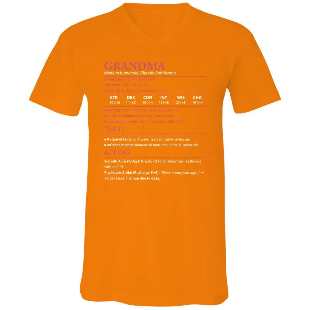 Grandma Stats Unisex V-Neck T-Shirt - Orange - 11