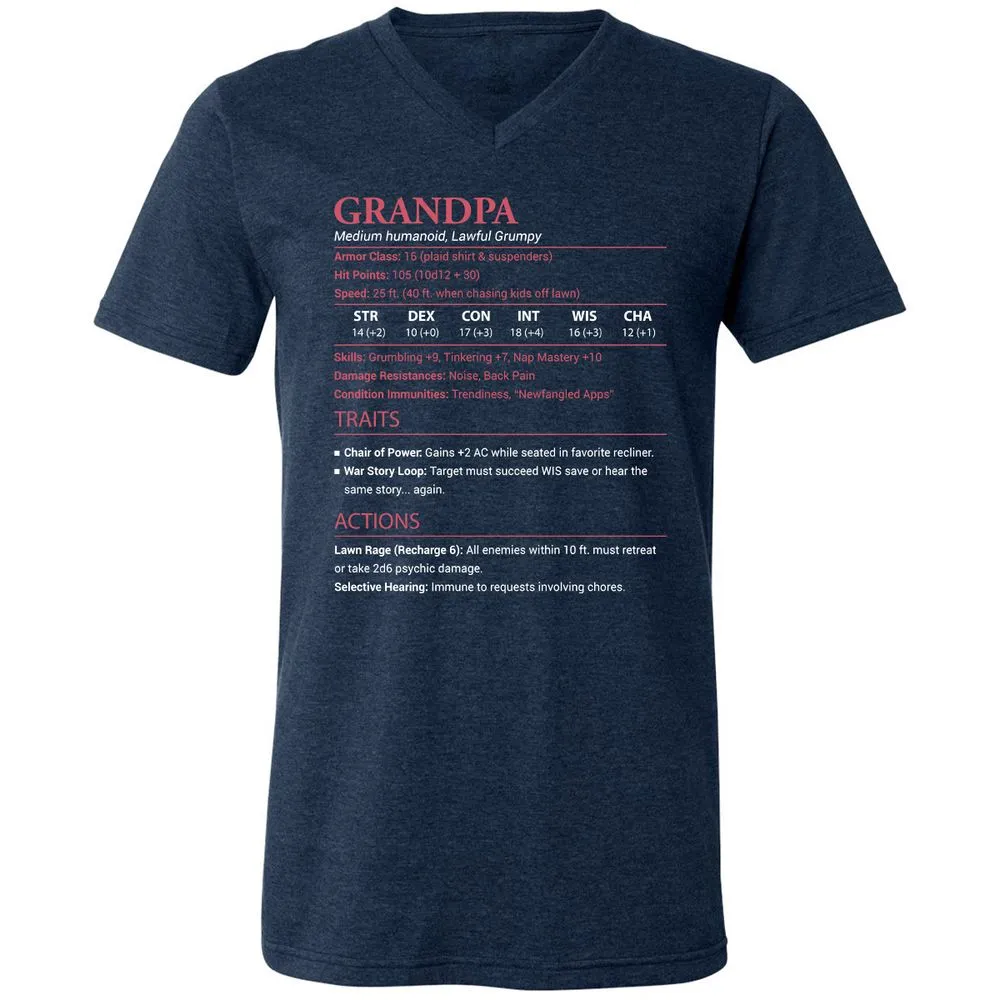 Grandpa Stats Unisex V-Neck T-Shirt - Heather Navy - 15