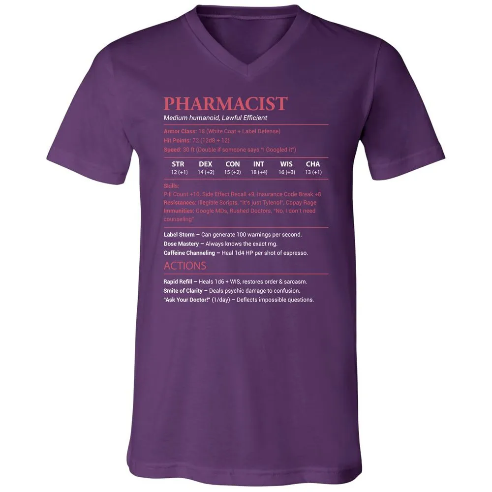 Pharmacist Stats Unisex V-Neck T-Shirt - Team Purple - 9