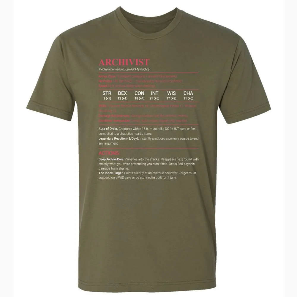 Archivist Stats Premium Unisex T-Shirt - Military Green - 5