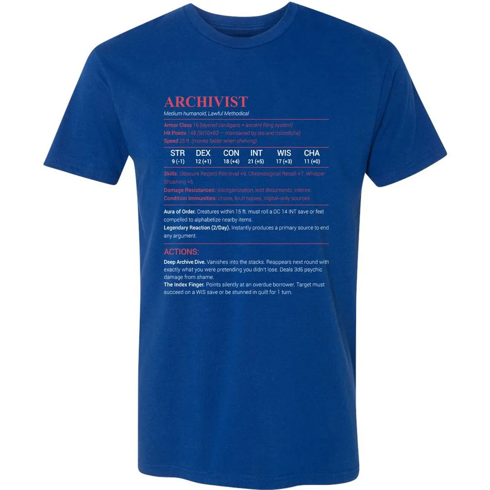 Archivist Stats Premium Unisex T-Shirt - Royal - 10