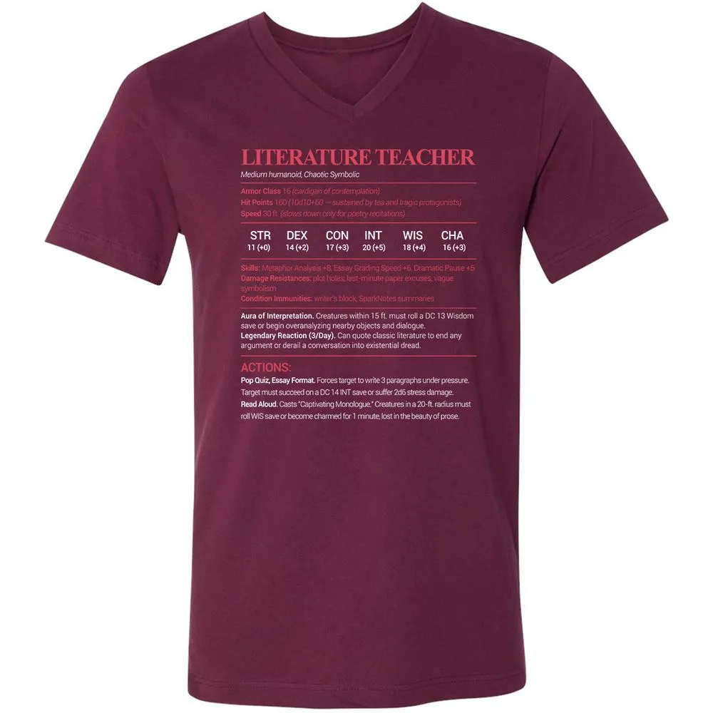 Literature Teacher Unisex V-Neck T-Shirt - Maroon - 6