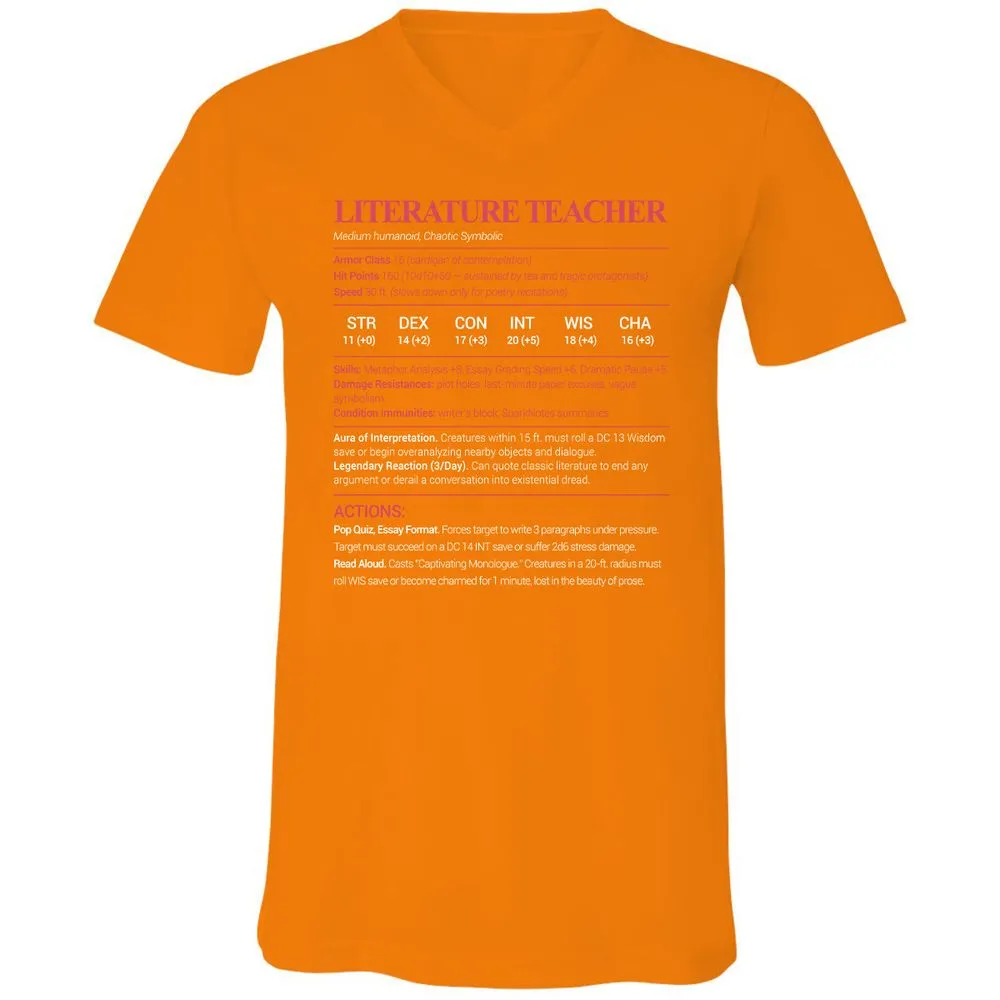 Literature Teacher Unisex V-Neck T-Shirt - Orange - 11