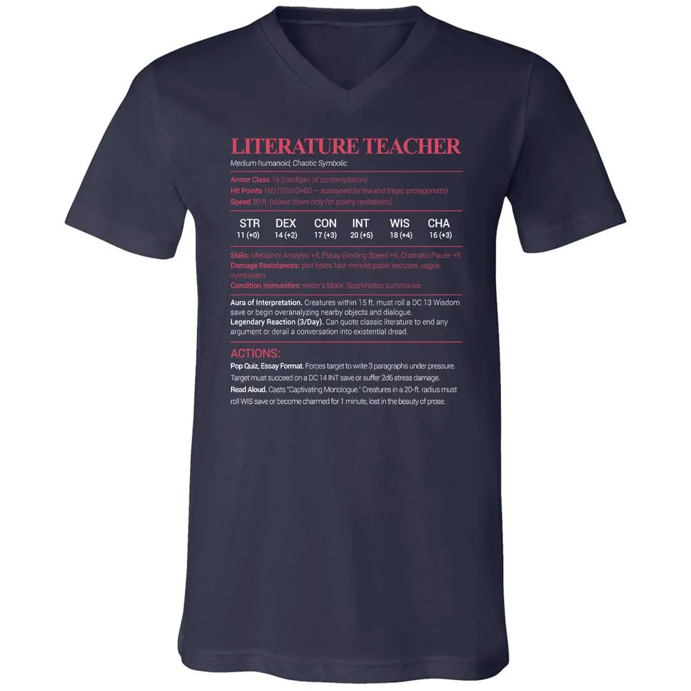 Literature Teacher Unisex V-Neck T-Shirt - Navy - 2