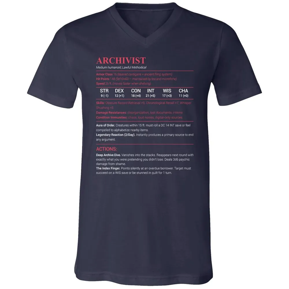 Archivist Stats Unisex V-Neck T-Shirt - Navy - 2